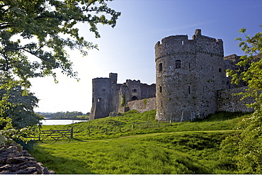 Carrew ruined castle in spring sunshine, Pembrokeshire National Park, Wales, United Kingdom, Europe