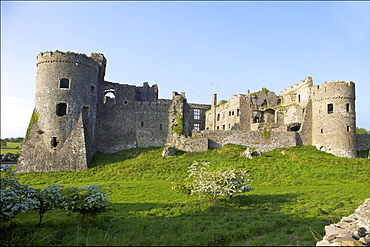 Carew ruined castle in spring sunshine, Pembrokeshire National Park, West Wales,Wales, United Kingdom, Europe