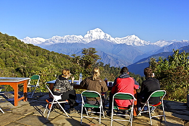 Trekkers enjoying al fresco breakfast in teahouse in  Ghorepani, Annapurna Sanctuary Region, Himalayas, Nepal, Asia