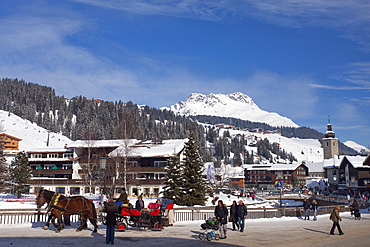 Town centre of Lech near St. Anton am Arlberg in winter snow, Tyrol, Austrian Alps, Austria, Europe