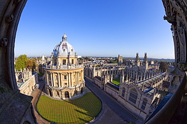 Rooftop view of Radcliffe Camera and All Souls College from University Church of St. Mary the Virgin, Oxford, Oxfordshire, England, United Kingdom, Europe