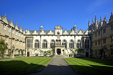 Front Quad buildings including hall and chapel, Oriel College, Oxford University, Oxford, Oxfordshire, England, United Kingdom, Europe