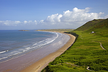 Rhossili Beach in spring morning sunshine, Gower Peninsula, County of Swansea, Wales, United Kingdom, Europe