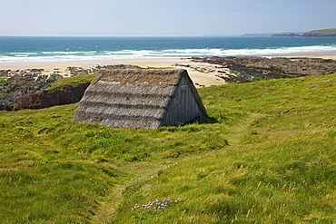 Seaweed drying hut, Freshwater West beach, Pembrokeshire National Park, Wales, United Kingdom, Europe