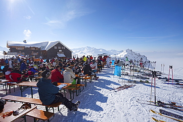 Ulmer Hutte Mountain Restaurant in St. Anton am Arlberg in winter snow, Tyrol, Austrian Alps, Austria, Europe