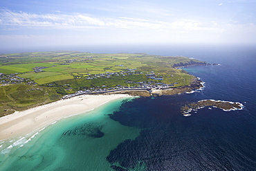 Aerial photo of Sennen Cove and Lands End Peninsula, West Penwith, Cornwall, England, United Kingdom, Europe