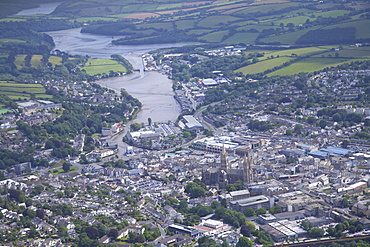 Aerial view of city and cathedral, Truro, Cornwall, England, United Kingdom, Europe