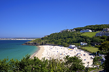 Porthminster beach in summer sunshine, St. Ives, West Penwith, Cornwall, England, United Kingdom, Europe