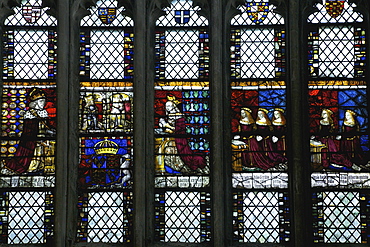 Medieval stained glass in the Royal Window, Northwest Transept, Canterbury Cathedral, UNESCO World Heritage Site, Canterbury, Kent, England, United Kingdom, Europe