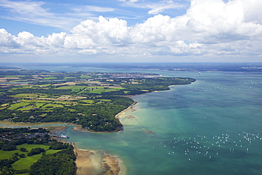 Aerial view of yachts racing in Cowes Week on the Solent, Isle of Wight, England, United Kingdom, Europe