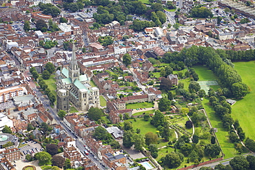 Aerial view of Chichester Cathedral, Chichester, West Sussex, England, United Kingdom, Europe