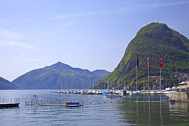 View of Monte San Salvador from the Lido, Lugano, Lake Lugano, Ticino, Switzerland, Europe