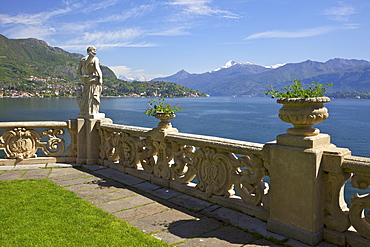 View from the terrace of 18th Century Villa del Balbianello  in spring sunshine, Lenno, Lake Como, Italian Lakes, Italy, Europe