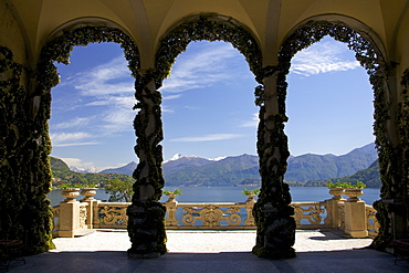 Loggia and gardens of the Villa del Balbianello on Punta di Lavedo in spring sunshine, Lenno, Lake Como, Italian Lakes, Italy, Europe