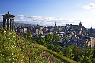 Dugald Stewart Monument and view of Old Town from Calton Hill in summer sunshine, Edinburgh, Scotland, United Kingdom, Europe