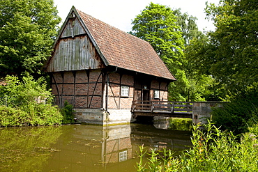 Entrance to the Muehlenhof open air museum, half-timbered house, Muenster, Muensterland, North Rhine-Westfalia, Germany, Europa