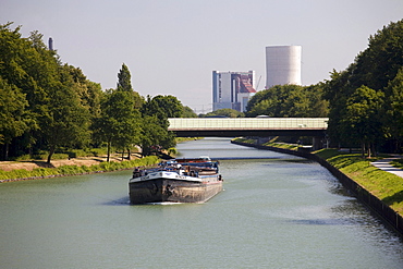 Cargo ship, power plant, Rhine?Herne Canal, Datteln, Ruhr area, North Rhine-Westphalia, Germany, Europe