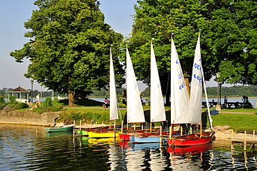 Colourful sailing boats in the harbor of Prien on Lake Chiemsee, Chiemgau, Bavaria, Germany, Europe