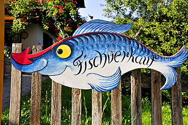 Sign, Fischverkauf, German for fish for sale, at a fish restaurant on Fraueninsel, Women's Island, Lake Chiemsee, Chiemgau, Bavaria, Germany, Europe