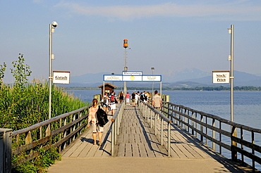 Wharf of the Chiemsee-shipping company on Fraueninsel, Women's Island, Lake Chiemsee, Chiemgau, Bavaria, Germany, Europe