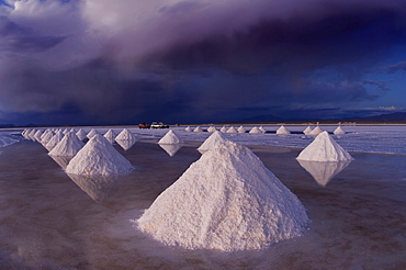 Salt cones, Salar de Uyuni at sunset, Potosi, Bolivia, South America