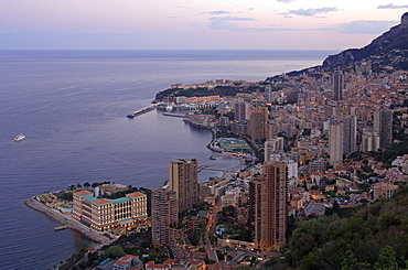 Monte Carlo in the evening, Monte Carlo Bay Hotel on the left, Monaco, Europe