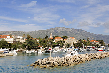 View from the ferry to Korcula on the resort of Orebic, Peljesac peninsula, Croatia, Europe