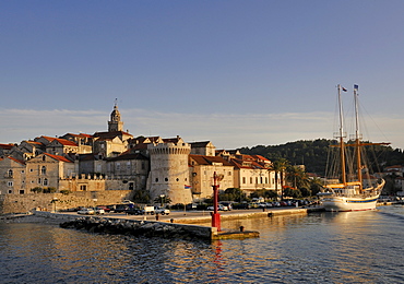 Sailboat and historic town of Korcula, Croatia, Europe