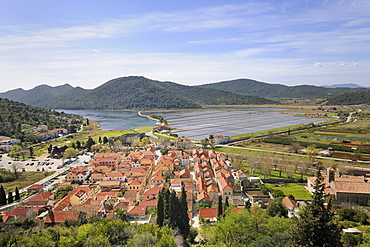 Town of Ston, the salt marshes at back, Peljesac peninsula, Croatia, Europe