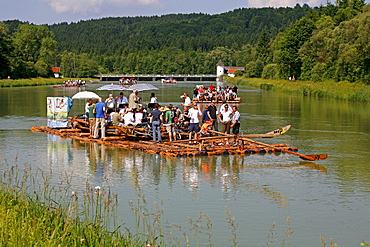 Raft ride on the Isar river in Wolfratshausen, Bavaria, Germany, Europe