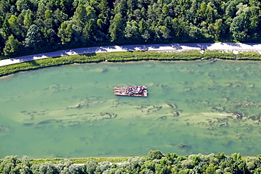 Aerial view, rafting on the Isar river, here in the channel north of the Icking weir, Bavaria, Germany, Europe