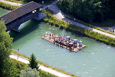 Aerial view, rafting on the Isar river, here in the channel north of the Icking weir, Bavaria, Germany, Europe