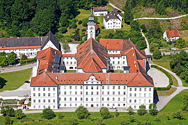 Aerial View, Schaeftlarn Monastery, Benedictine monastery, and church of St. Dionysius and Juliana, Bavaria, Germany, Europe