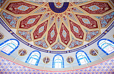 Interior of the Ditib Merkez Mosque, Germany's largest mosque, Duisburg-Marxloh, North Rhine-Westphalia, Germany, Europe