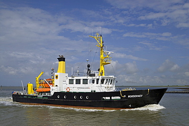 Norderney sounding vessel in motion in front of Norddeich, special ship for surveying the navigable water in the Wadden Sea, Lower Saxony, Germany, Europe