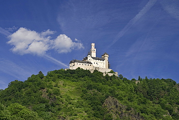 Romantic Marksburg castle in Braubach, seat of the German Castle Association eV, DBV, UNESCO World Heritage Site Oberes Mittelrheintal Upper Middle Rhine Valley, Rhineland-Palatinate, Germany, Europe