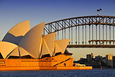 Sydney Opera House and Harbour Bridge at sunrise, Sydney, New South Wales, Australia