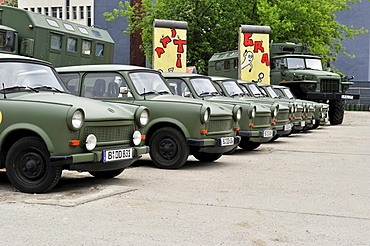 Old GDR Trabant cars modelled after army vehicles available for city tours, Berlin, Germany, Europe