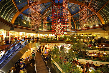 Christmas lights in the Europa-Center mall on Breitscheidplatz square, Christmas market at the Kaiser Wilhelm Memorial Church, Kurfuerstendamm, Charlottenburg, Wilmersdorf, Berlin, Germany, Europe