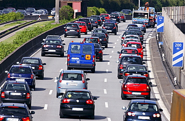 Long, dense traffic jam on the highway A40, so-called Ruhrschnellweg, in front of a long-term construction site between Essen and Gelsenkirchen, Ruhrgebiet region, North Rhine-Westphalia, Germany, Europe