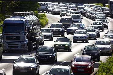 Long, dense traffic jam on the highway A40, so-called Ruhrschnellweg, in front of a long-term construction site between Essen and Gelsenkirchen, Ruhrgebiet region, North Rhine-Westphalia, Germany, Europe