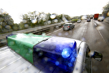 Highway police patrol car on patrol, highway A40, so-called Ruhrschnellweg, Gelsenkirchen, Ruhrgebiet region, North Rhine-Westphalia, Germany, Europe