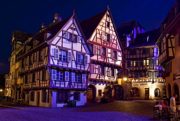 Heritage houses of Colmar at night, Alsace, France, Europe