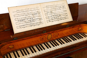 Table piano from the 19th century, with sheet music, Koekkoek-Haus museum, Kleve, Niederrhein region, North Rhine-Westphalia, Germany, Europe