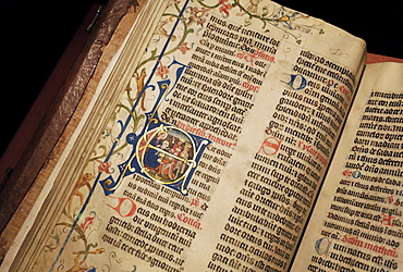 Handwritten missal with artistic illuminations, initial with the Three Magi, illumination, Stiftsmuseum Museum Xanten monastery museum, Xanten, Niederrhein region, North Rhine-Westphalia, Germany, Europe