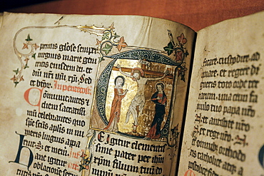 Handwritten missal with artistic illuminations, initial with crucifixion, illumination, Stiftsmuseum Museum Xanten monastery museum, Xanten, Niederrhein region, North Rhine-Westphalia, Germany, Europe