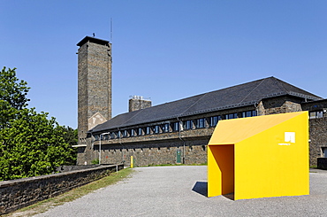 Former NS-Ordensburg, modern design object with a gateway and the logo Vogelsang IP, International Place in Eifel National Park, Schleiden-Gemuend, North Rhine-Westphalia, Germany, Europe