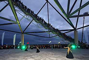 Summer night show at the tetrahedron, Extraschicht, night of industrial culture, dump in Bottrop, Ruhrgebiet area, North Rhine-Westphalia, Germany, Europe