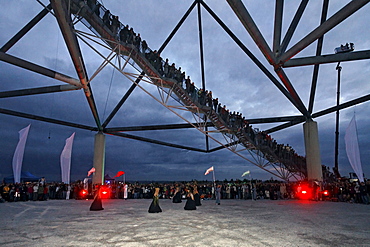 Summer night show at the tetrahedron, Extraschicht, night of industrial culture, dump in Bottrop, Ruhrgebiet area, North Rhine-Westphalia, Germany, Europe