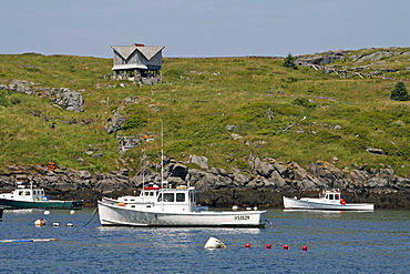 Lobster boats mooring, Manana Island, Maine coast, New England, USA